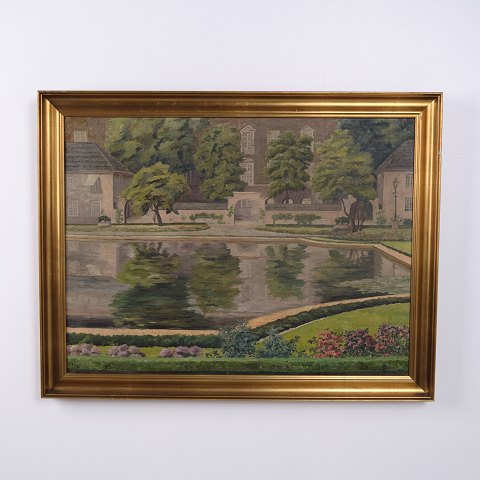 Peinture de Paysage sur Toile avec Parc et Lac dans un Cadre Doré 64 x 82 cm