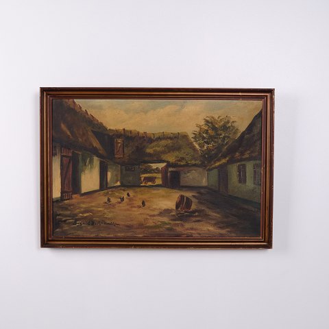 Peinture de Paysage avec Ferme, Cour et Poules Signée 49 x 71 cm