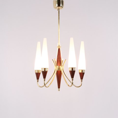 Lustre à Cinq Bras Bent Karlby en Laiton et Teck avec Verre Opalin pour Lyfa Années 1960