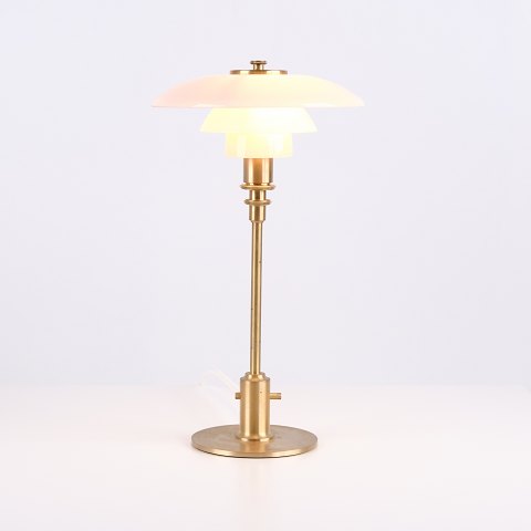 Lampe de Table Poul Henningsen PH 2/1 en Laiton avec Abat-jour Pale Rose pour Louis Poulsen