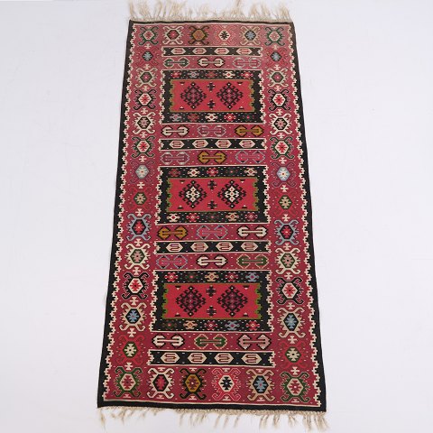 Tapis de Couloir Inspiré Kilim avec Motif Géométrique dans des Tons Rouges 200 x 93 cm