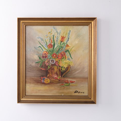Peinture de Fleurs avec Bouquet dans un Cadre Doré Signée 1920