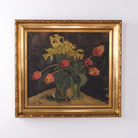 Peinture de Fleurs aux Tulipes dans un Cadre Doré Signée