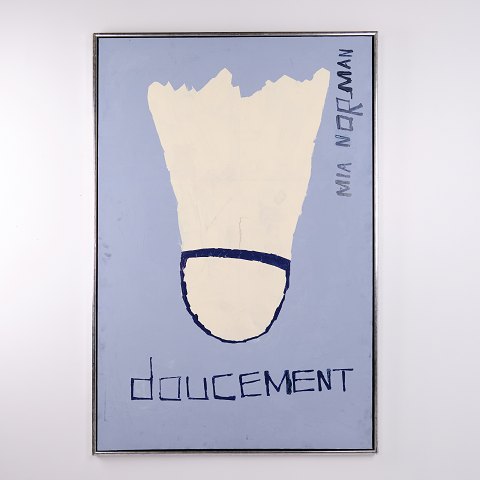 Peinture sur Toile avec Volant de Badminton et l’Inscription « Doucement » par Mia Norman 155 x 105 cm