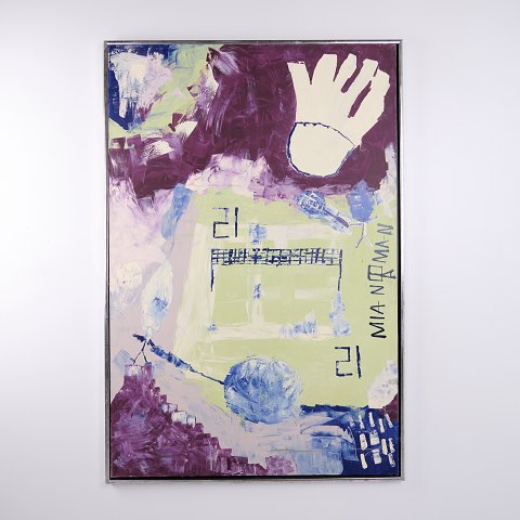 Peinture à l’Huile Abstraite avec Main Stylisée et Éléments Graphiques portant le Texte « MIA NORMAN » 155 x 105 cm