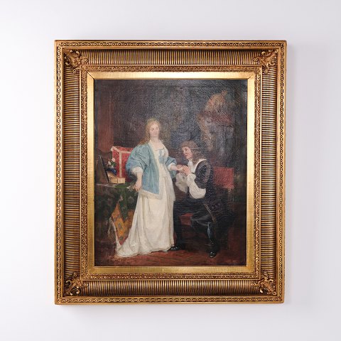 Peinture à l’Huile avec Deux Personnes dans un Intérieur dans un Cadre Doré de 1841 92 x 81 cm