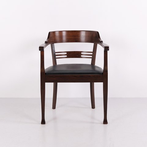 Fauteuil Art Nouveau en Bois Foncé avec Assise Noire Début du XXe Siècle