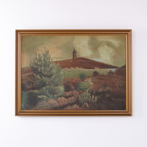 Peinture à l’Huile avec Paysage, Colline et Tour dans un Cadre Doré 57 x 77 cm