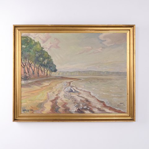 Peinture à l’Huile avec Paysage Côtier, Plage et Arbres dans un Cadre Doré de 1952 par Axel Meyer