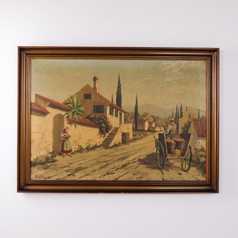 Peinture à l’Huile avec Village Méridional, Personnages et Charrette dans un Cadre en Bois Foncé 78,5 x 110 cm