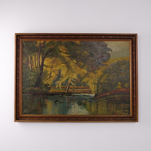 Peinture à l’Huile avec Paysage Forestier, Arbres et Eau dans un Cadre Foncé Profilé 76,5 x 107 cm