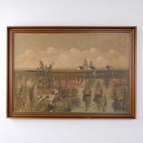 Peinture à l’Huile avec Zone Humide, Roseaux et Chien dans un Cadre Profilé Brun Doré 75 x 105 cm