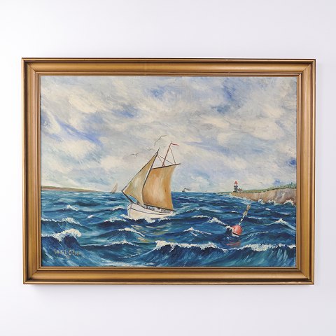 Peinture à l’Huile avec Voilier, Mer Agitée et Phare dans un Cadre Doré de 1951 par Vedel-Olsen