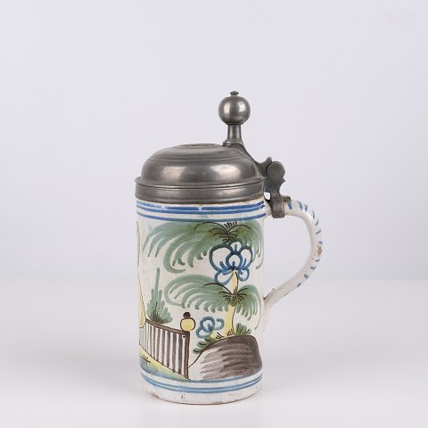 Grand Pichet en Faïence de Kellinghusen avec Décor de Palmier et Couvercle en Étain 1790–1810 par Lubbert Diedrich Bahlmann