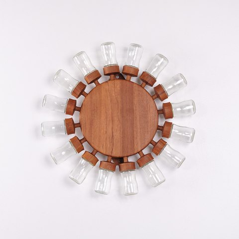 Roue à Épices Digsmed en Teck et Verre avec 18 Pots Danemark vers le Début des Années 1960 Ø50 cm