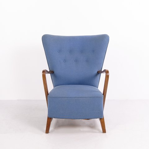 Fauteuil Vintage à Haut Dossier en Bois et Tissu Bleu Années 1940