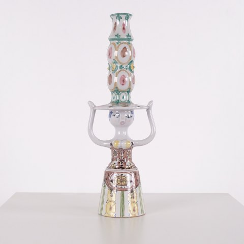Bjørn Wiinblad Bougeoir Figuratif Modèle L12 en Faïence Émaillée Polychrome 1974