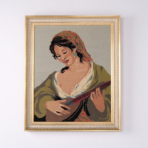 Tableau Brodé avec Femme et Instrument à Cordes 1930