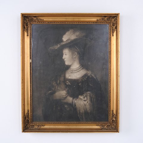 Estampe Portrait de Femme au Chapeau à Plume 59 x 48 cm