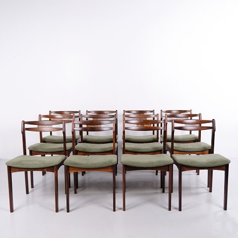 Ensemble de 12 Chaises de Salle à Manger Danoises en Palissandre avec Assise Verte Années 1960