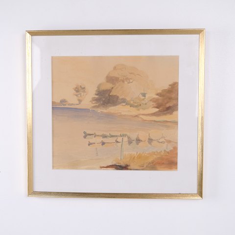 Paysage Encadré avec Canards au Bord d’un Lac Œuvre sur Papier 48,5 x 51 cm