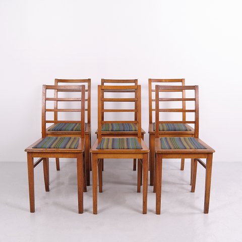 Ensemble de Six Chaises de Salle à Manger en Bois avec Tissu Rayé Années 1920