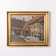 Peinture Signée sur Toile Représentant une Ferme et des Poules avec Cadre Doré des Années 1940