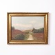 Peinture sur Toile Représentant un Chemin Menant à une Ferme dans un Paysage avec Cadre Doré des Années 1940