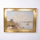 Peinture sur toile représentant une scène côtière avec des pêcheurs dans un cadre doré