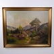 Grande Peinture de Paysage sur Toile avec Montagnes et Arbres dans un Cadre Doré 112,5 x 136 cm