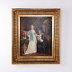 Peinture à l’Huile avec Deux Personnes dans un Intérieur dans un Cadre Doré de 1841 92 x 81 cm