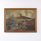 Peinture à l’Huile avec Paysage, Colline et Tour dans un Cadre Doré 57 x 77 cm