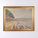 Peinture à l’Huile avec Paysage Côtier, Plage et Arbres dans un Cadre Doré de 1952 par Axel Meyer