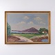 Peinture à l’Huile avec Paysage, Chemin Sinueux, Eau et Maison dans un Cadre Doré Signée L.T 73,5 x 103 cm