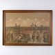 Peinture à l’Huile avec Zone Humide, Roseaux et Chien dans un Cadre Profilé Brun Doré 75 x 105 cm