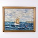 Peinture à l’Huile avec Voilier, Mer Agitée et Phare dans un Cadre Doré de 1951 par Vedel-Olsen