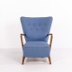 Fauteuil Vintage à Haut Dossier en Bois et Tissu Bleu Années 1940